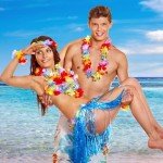 Hawaiian Grass Skirt & Hibiscus Wristband Set