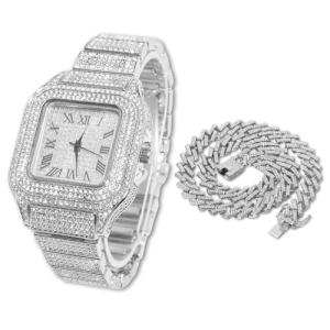 Men's Gold Iced Out Diamond Watch & Necklace Set