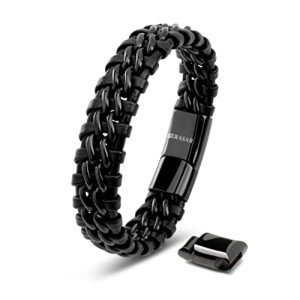 Men's Black Leather Braided Bracelet with Gift Box