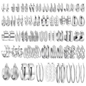 42 Pairs Silver Hoop and Pearl Earrings Set