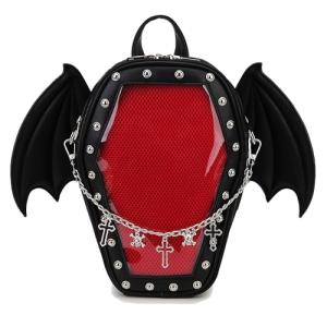 Goth Coffin Backpack with Bat Wing for Pins