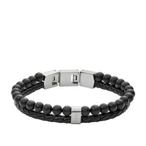 Fossil Black Leather and Beaded Men's Bracelet