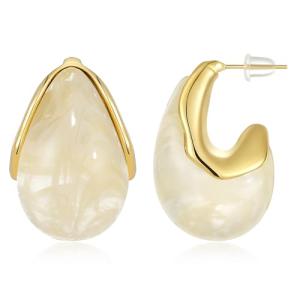 Beige Acrylic Teardrop Earrings with Gold Plating