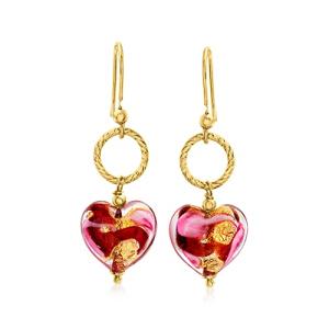 Italian Murano Glass Heart Drop Earrings in Gold