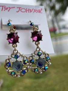 Betsey Johnson Purple Flower Medallion Drop Earrings