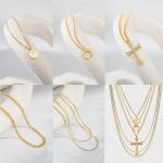 Gold Layered Necklace Set with Moon and Cross