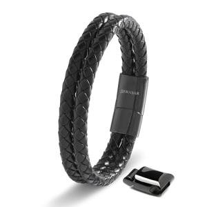 Men's Black Leather Braided Bracelet Gift Set