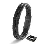 Men's Black Leather Braided Bracelet Gift Set