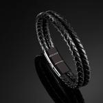 Men's Black Leather Braided Bracelet Gift Set