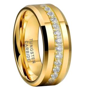 Gold Tungsten Couple Rings with CZ Stone Inlay