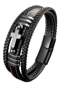 Men's Black Braided Leather Cross Bracelet