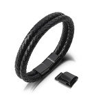 Men's Black Leather Braided Bracelet Gift Set