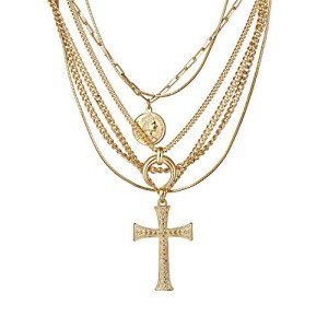 Gold Layered Necklace Set with Moon and Cross
