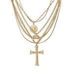 Gold Layered Necklace Set with Moon and Cross