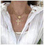 Gold Layered Necklace Set with Moon and Cross