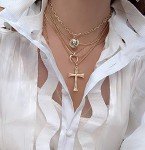 Gold Layered Necklace Set with Moon and Cross