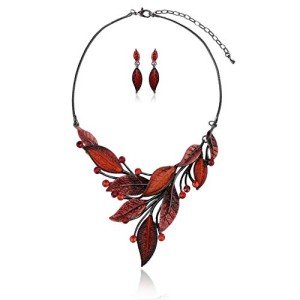 Vintage Red Leaf Floral Statement Necklace Set