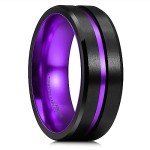 Men's 8mm Black Tungsten Wedding Band with Purple Center