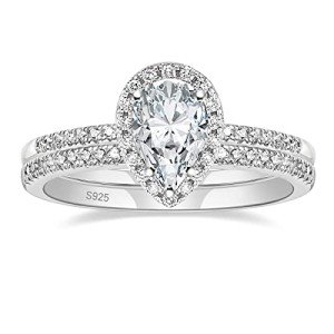 Sterling Silver Teardrop Halo Bridal Ring Set
