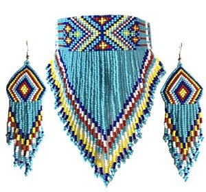 Blue Beaded Choker Bib Necklace in Native Style