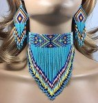 Blue Beaded Choker Bib Necklace in Native Style