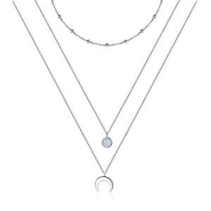 Silver Crescent Moon Layered Necklace with Moonstone