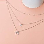 Silver Crescent Moon Layered Necklace with Moonstone