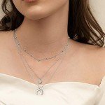 Silver Crescent Moon Layered Necklace with Moonstone