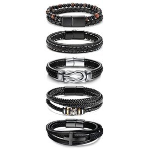 LOWNOUR Black Leather & Steel Bracelets Set