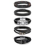 LOWNOUR Black Leather & Steel Bracelets Set