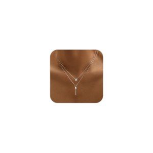 14K Gold Plated Layered Necklace with Bar Charm