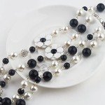 Vintage Pearl Long Black and White Floral Necklace