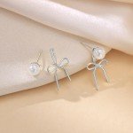 Trendy Silver Bow Pearl Earrings for Women