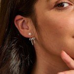 Trendy Silver Bow Pearl Earrings for Women