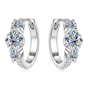 Three Stone Moissanite Sterling Silver Hoop Earrings