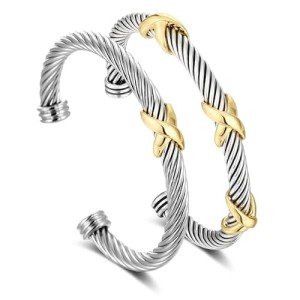 Twisted Cable Cuff Bracelet Set - Gold & Silver