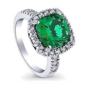 Sterling Silver Halo Green Cushion Cut Ring