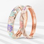 Vintage Enamel Rhinestone Flower Gold Cuff Bracelet