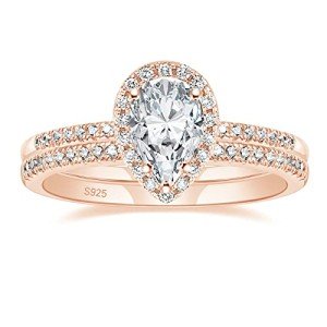 Rose Gold Teardrop Sterling Silver Bridal Ring Set