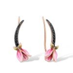 Pink Enamel Tulip Ear Cuff Earrings with Black Spinel