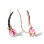 Pink Enamel Tulip Ear Cuff Earrings with Black Spinel