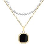 Gold Plated Layered Pearl & Onyx Necklace Set