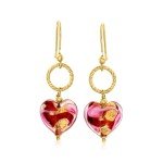Italian Murano Glass Heart Drop Earrings in Gold