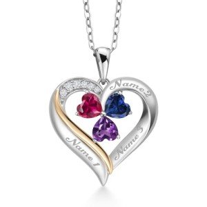 Personalized 3 Stone Heart Pendant Necklace for Women