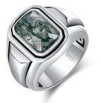 Moss Agate Emerald Cut Silver Signet Ring