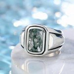 Moss Agate Emerald Cut Silver Signet Ring