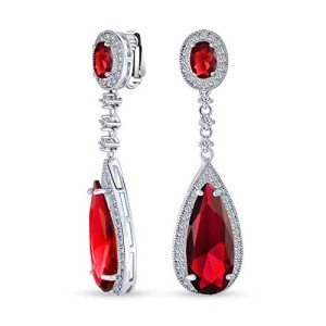 Red Teardrop CZ Dangle Clip-On Earrings
