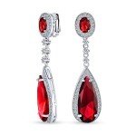 Red Teardrop CZ Dangle Clip-On Earrings
