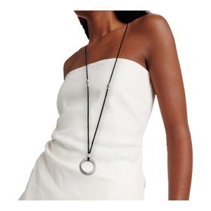 Long Black Leather Necklace with Silver Ring Pendant