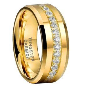 Gold Tungsten 8mm Couples Wedding Bands with CZ Stone